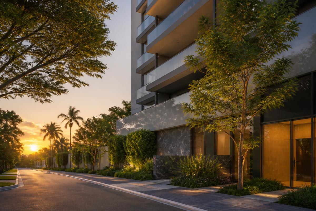 Edifício residencial moderno em rua arborizada no Brasil ao pôr do sol