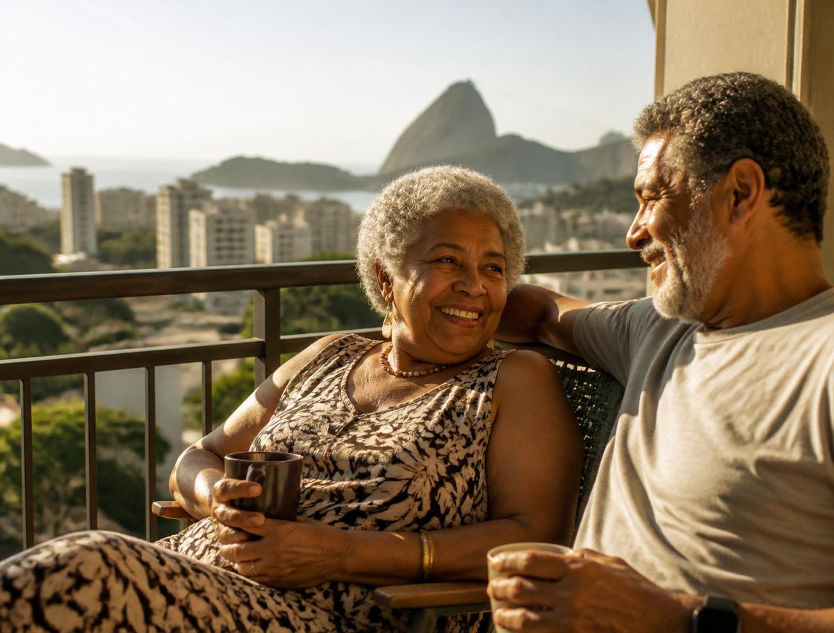 Casal brasileiro aposentado tomando café em uma varanda com vista para a cidade no Brasil